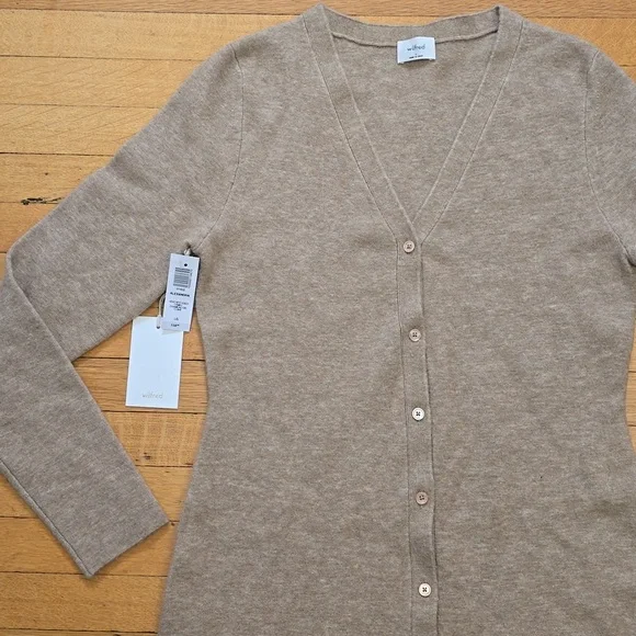 NWT, Aritzia Wilfred, Button Front Mini Cardigan Dress, Heather Gold Camel, L - Picture 6 of 16